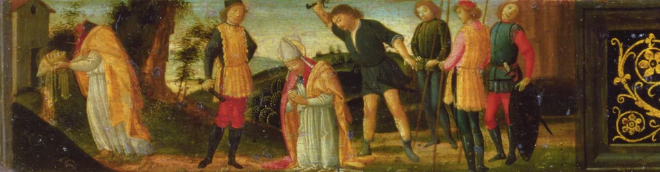 O Martírio de St. Denis (Dionísio) de Paris, seção do painel de predella representando cenas da vida dos santos do retábulo da Madonna e da Criança Enthroned com Santos (painel)
